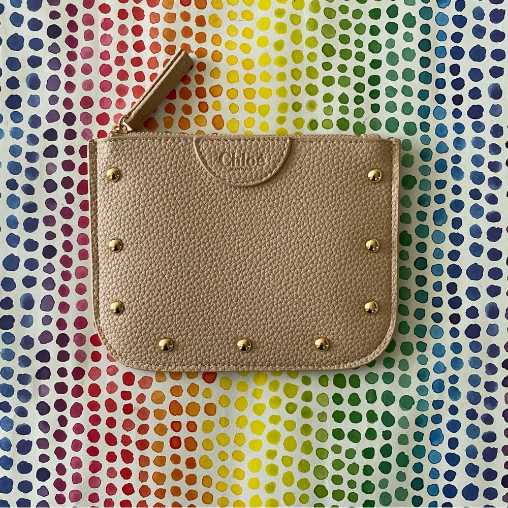 Chloé Taupe Pebbled Leather Zip Pouch with Gold Studs Faux Leather